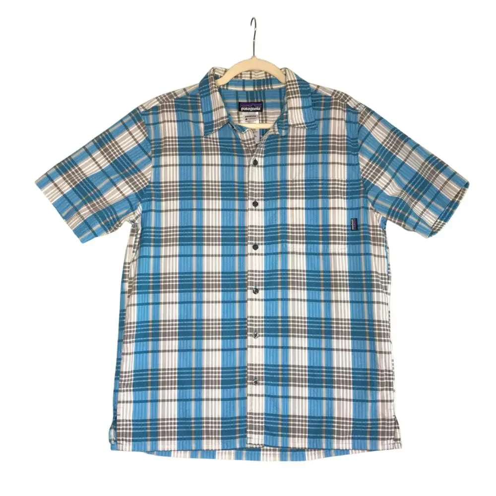 PATAGONIA Puckerware Plaid Short Sleeve Shirt Men M Blue Classic Crinkle Resort